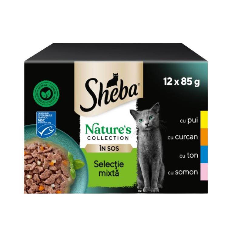 Sheba Nature's collection plic hrana umeda pentru pisici adulte selectie mixta cu pui, curcan, cu ton si Somon in sos, 12x85g image